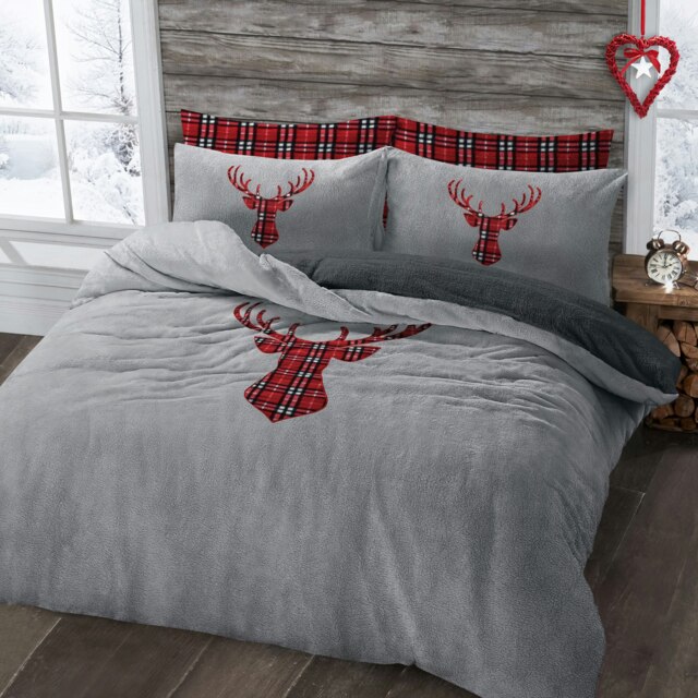 Velosso Stag Head Teddy Fluffy and Warm Fleece Duvet Cover Set Silver Silver King