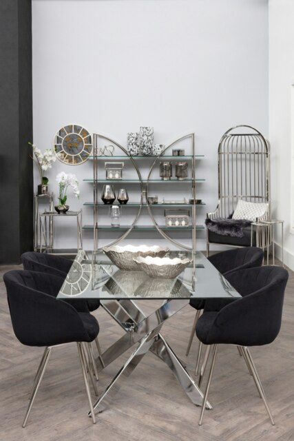 Interiors by Premier Rectangular Glass Dining Table, Modern Tempered Glass Top Dining Table With Chrome Intersected Base Silver