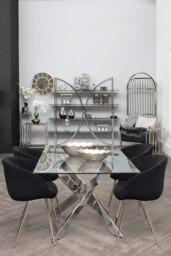 Interiors by Premier Rectangular Glass Dining Table, Modern Tempered Glass Top Dining Table With Chrome Intersected Base Silver