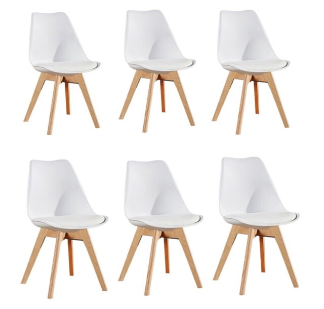Set of 6 Scandinavian Dining Chairs with Leather Cushions Solid Wood Legs White