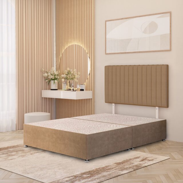 Texas Divan Bed Base with 30 Inch Headboard Plush Velvet Brown Beige