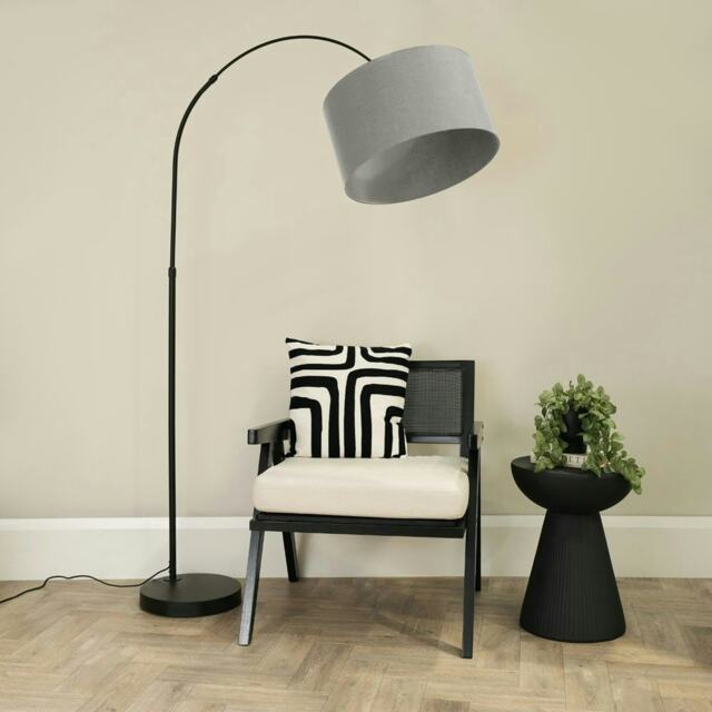 ValueLights Louis Black Arched Curved Floor Lamp Grey Shade and Bulb