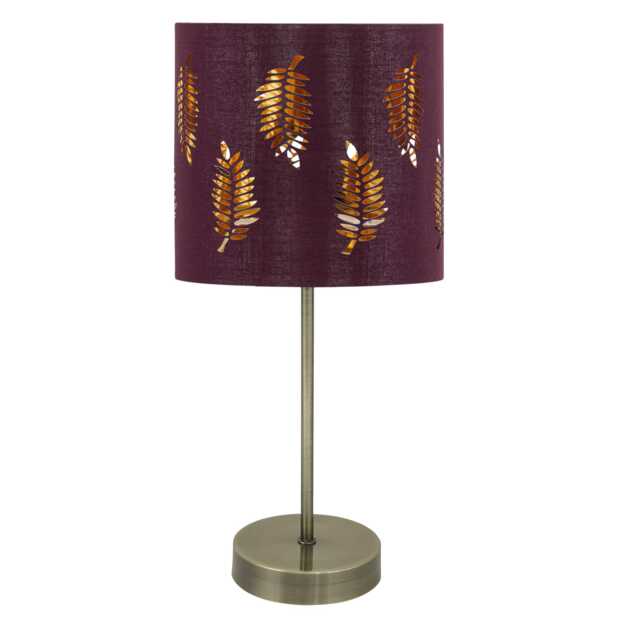 Antique Brass Stick Table Lamp with Burgundy Fern Cut Out Shade
