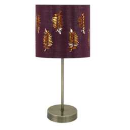 Antique Brass Stick Table Lamp with Burgundy Fern Cut Out Shade