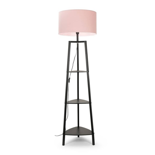 ValueLights Hiru Black 3 Tier Shelf Floor Lamp Pink Shade and Bulb
