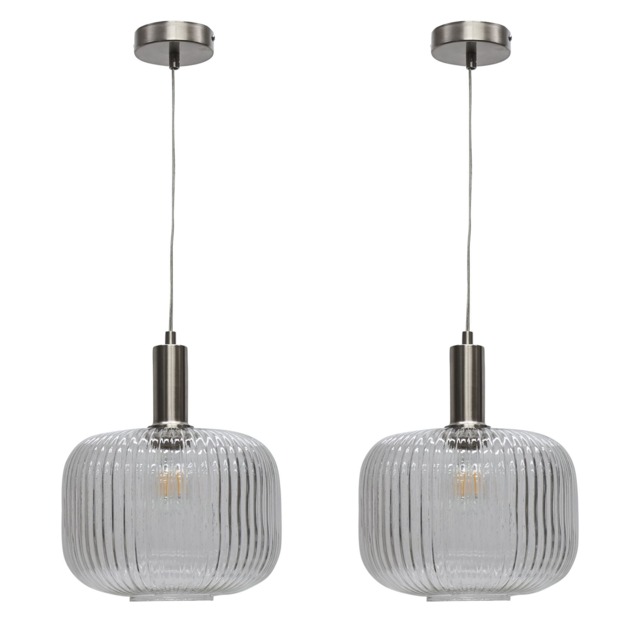 Set of 2 Batley Large - Clear Ribbed Glass Satin Nickel Deco Pendants