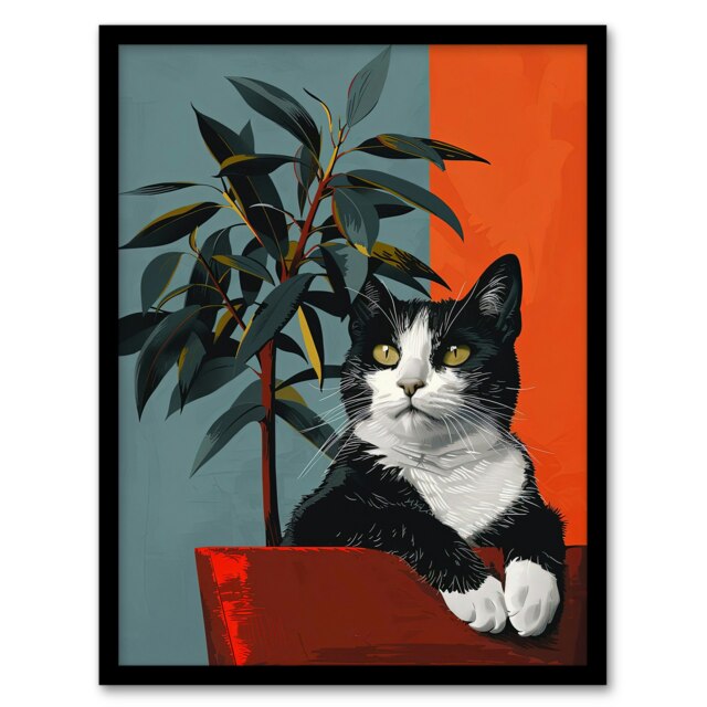 Tuxedo Cat Portrait Sitting Plant Pot Living Room Black Framed Wall Art Print A4