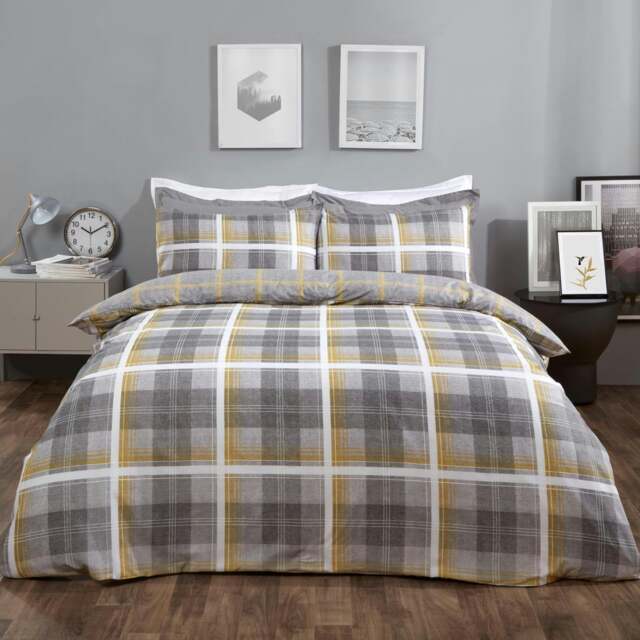 OHS Denim Check Print Duvet Cover and Pillowcase Set, King - Ochre Yellow