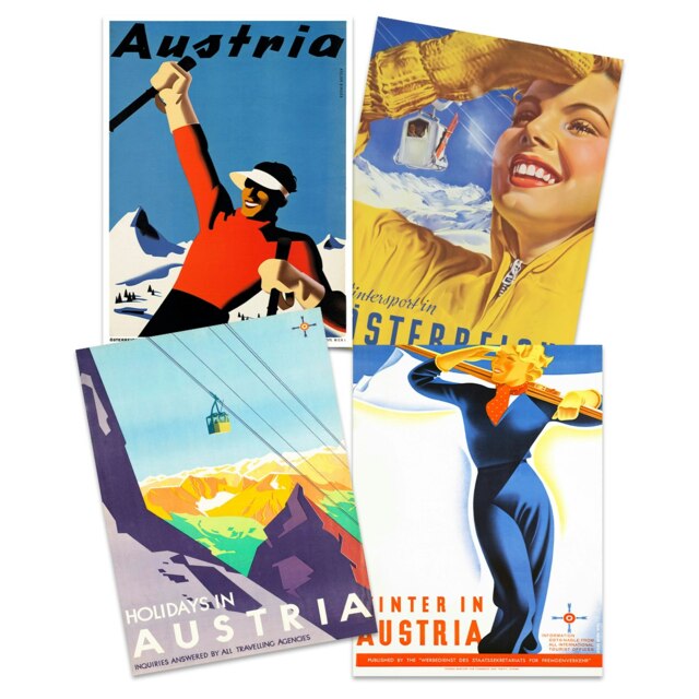 Set of 4 Austria Skiing Travel Winter Sport Snow Alps Wall Art Print Poster Home Decor 12x16 Inch