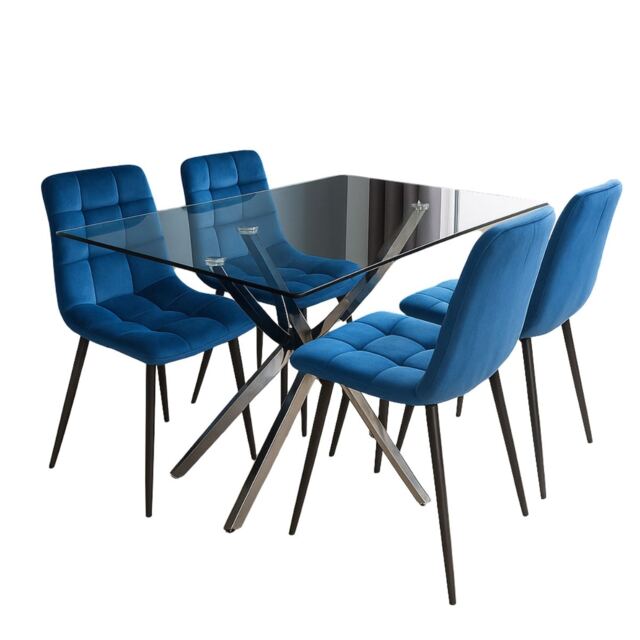 Dining Table and 4 Chairs Rectangle Glass Table 4 Grey Velvet Chairs Dining Set