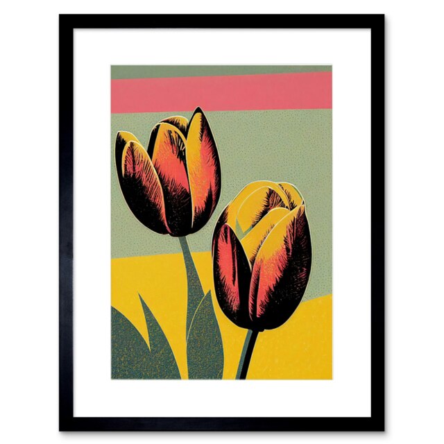 "Tulip Flower Blooms Floral Pop Art 9x7"" Black Framed Wall Art Print"