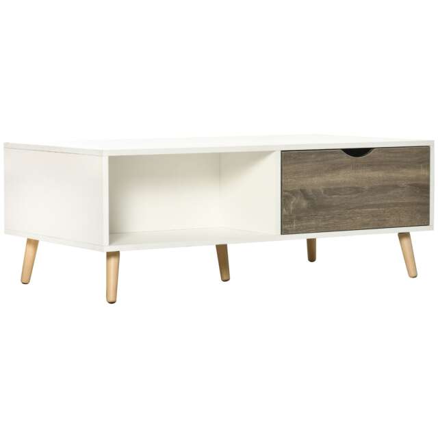 HOMCOM Coffee Table, Modern Tea Table with Open Storage Shelves, Two Drawers and Solid Wood Legs, Coffee Tables for Living Room, Bed Room, White White