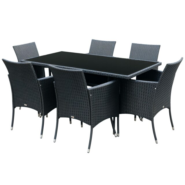 Outsunny Rattan Dining Set for 6 with Cushions, Glass Top Table, Black Black Black, Cream White Table: 150x80x74cm, Chair: 61x60x85cm