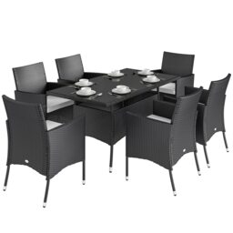 Outsunny Rattan Dining Set for 6 with Cushions, Glass Top Table, Black Black Black, Cream White Table: 150x80x74cm, Chair: 61x60x85cm