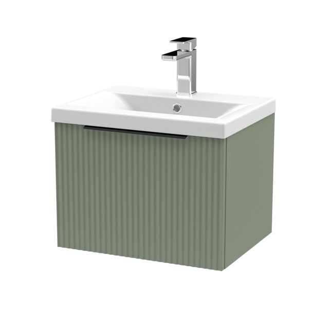 Balterley Fluted Front Wall Hung Single Drawer Bathroom Vanity Unit with 1 Tap Hole Ceramic Basin, Handles Green Satin Green