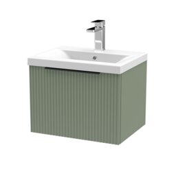 Balterley Fluted Front Wall Hung Single Drawer Bathroom Vanity Unit with 1 Tap Hole Ceramic Basin, Handles Green Satin Green