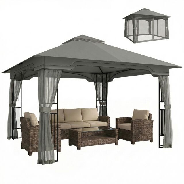Outsunny 3.3 x 3.3 m Garden Gazebo with Shelves, UPF50+ Permanent Gazebo Grey Dark Grey 330 x 330 x 283 cm