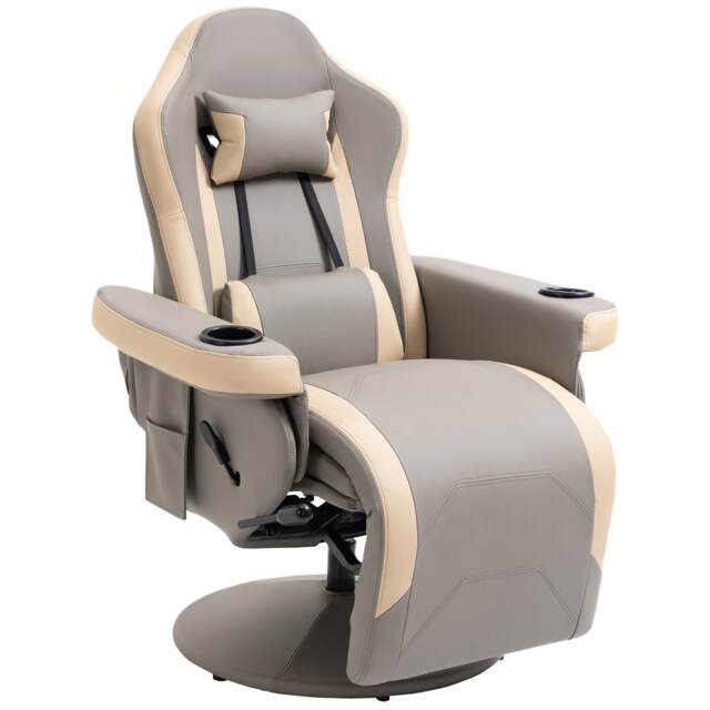 HOMCOM Reclining Gaming Chair, 360 Swivel Racing Video Gaming Manual Recliner with Footrest, Headrest and Cup Holder, PU Leather Armchair with Storage Pocket, Grey