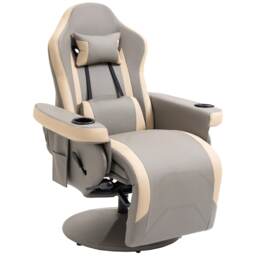 HOMCOM Reclining Gaming Chair, 360 Swivel Racing Video Gaming Manual Recliner with Footrest, Headrest and Cup Holder, PU Leather Armchair with Storage Pocket, Grey