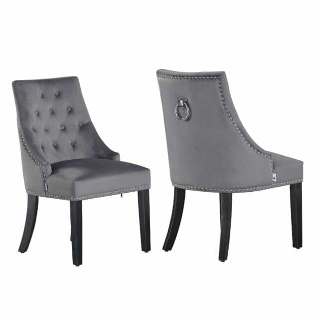 Set of 2 Dark Grey Windsor Velvet Dining Chair Ergonomic Scoop Knockerback & Button Tufted Wood Legs Grey Dark Grey