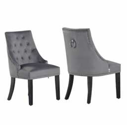 Set of 2 Dark Grey Windsor Velvet Dining Chair Ergonomic Scoop Knockerback & Button Tufted Wood Legs Grey Dark Grey