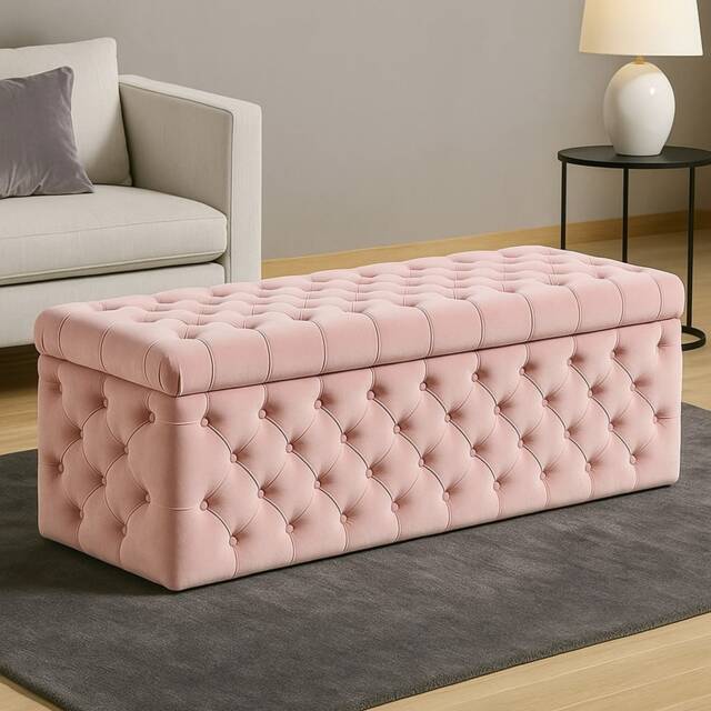 120cm Wide Lux Ottoman Storage Box, Pink Velvet Upholstered Chesterfield Storage Ottoman Box