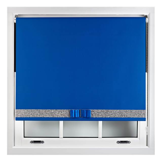 FURNISHED Blackout Roller Blind with Silver Glitter Trim and Blue Bow Trimmable Window Shade Blue Blue (W) 75cm x (L) 210cm
