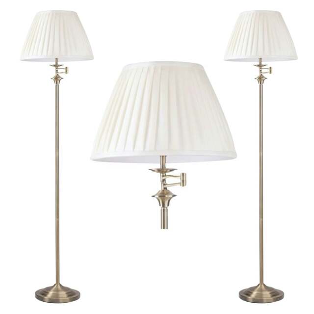 First Choice Lighting Set of 2 Antique Brass Swing Arm Floor Lamps with White Pleated Shades Bronze White Small