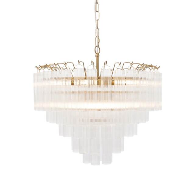 Toulouse Pendant Ceiling Light Satin Brass Plate, Clear Fine Ribbed Glass, 12x G9