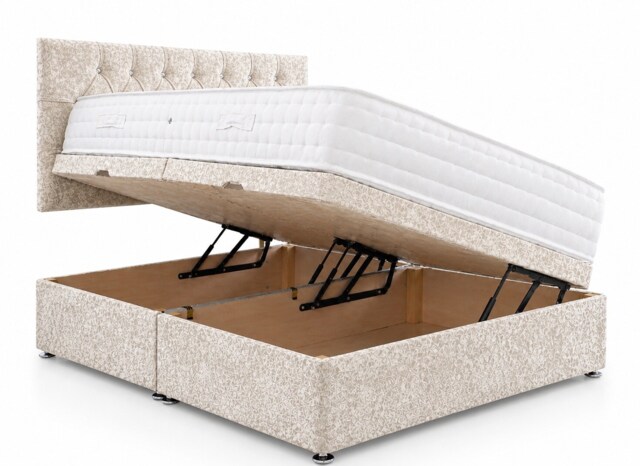Side Lift Crushed Velvet Cream Ottoman Bed Set 6ft Superking