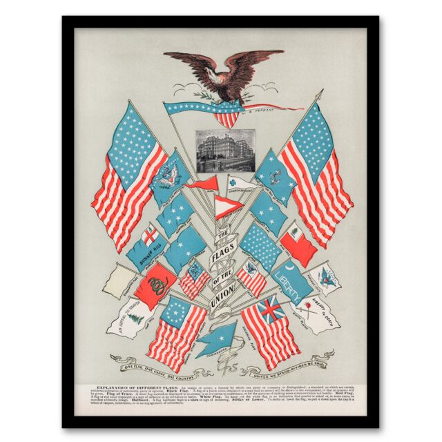 Vintage 1901 Framed Wall Art Print Flags of the American Union Home Décor