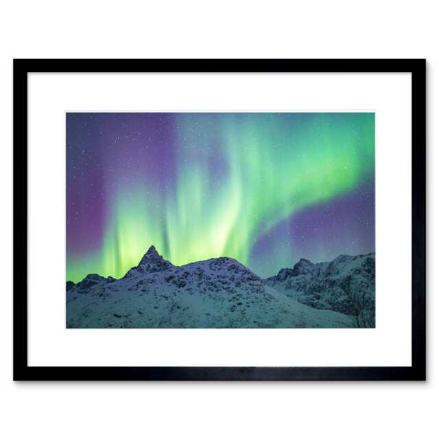 "Aurora Borealis Arctic Snowy Mountains Landscape 9x7"" Black Framed Wall Art Print"