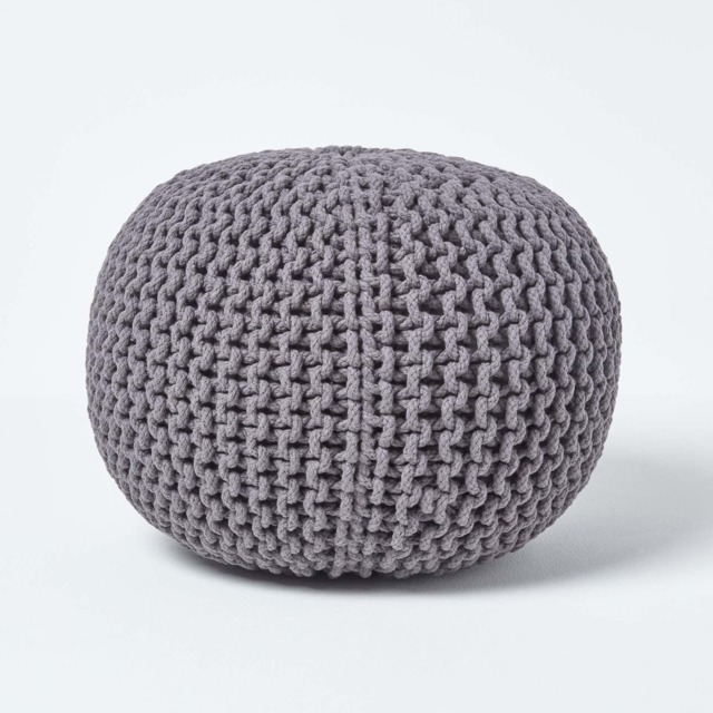Homescapes Sea Grey Round Cotton Knitted Pouffe Footstool - 35 x 40 cm Grey H 35cm x W 40cm
