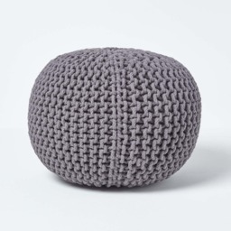 Homescapes Sea Grey Round Cotton Knitted Pouffe Footstool - 35 x 40 cm Grey H 35cm x W 40cm