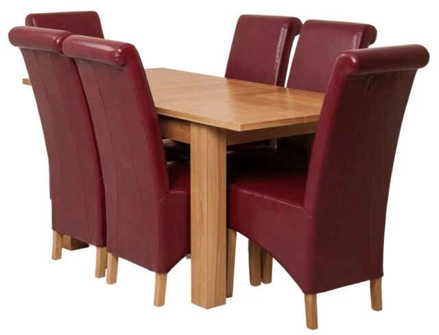 Hampton 120-160cm Oak Extending Dining Table and 6 Montana Leather Chairs Red Red