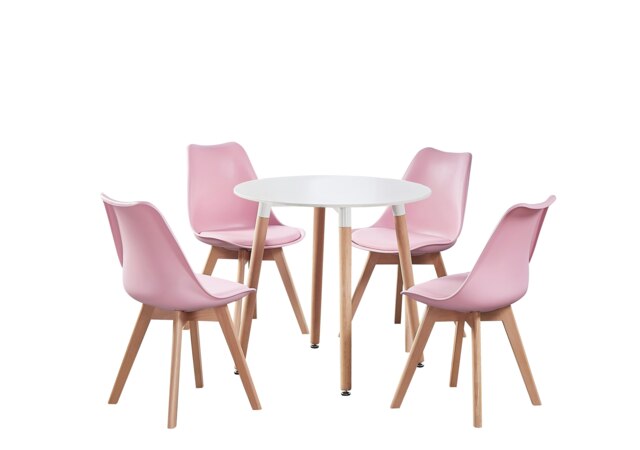 5PCs Dining Set - a White Round Dining Table & Set of 4 White Lorenzo Tulip chairs with Padded Seat Pink