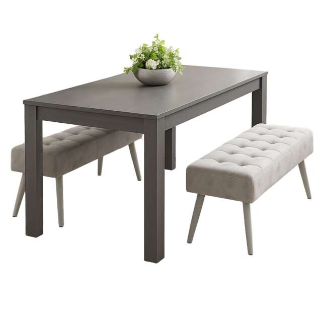 Dining Table and 2 Velvet Benches Wood Table Dining Set Furniture