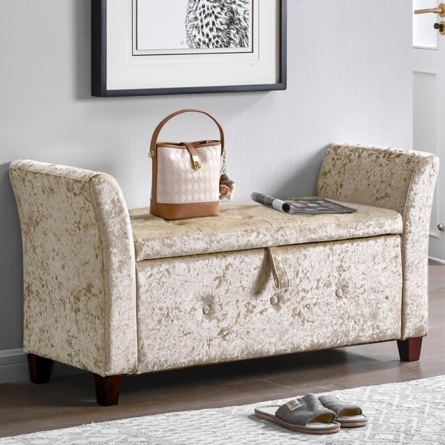 Vida Designs Seville Storage Ottoman Bedroom Hallway Chest Bench, Crushed Velvet Champagne Yellow Champagne