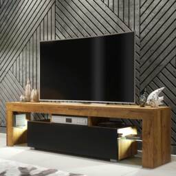 TV Unit TV Stand TV Cabinet Media Cabinet Media Unit Entertainment Unit Storage Cabinet Glass Side Shelves Free LED Oak Matt Body Black Matt Doors Living Room Furniture 160cm