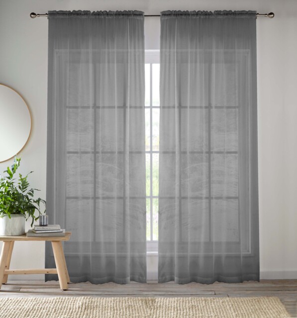 "Sheer Grey Plain Woven Voile Slot Top Curtain Panel Pair (57x48"") 145x122cm"