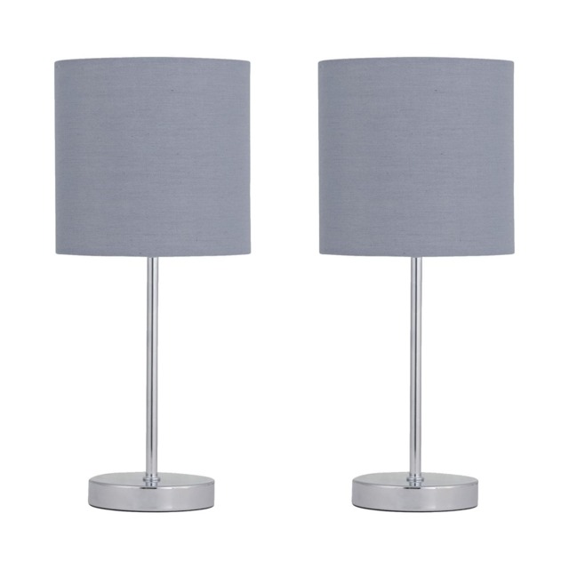 Set of 2 Chrome Touch Operated Table Lamp with Grey Cotton Shades Chrome Grey Medium 2