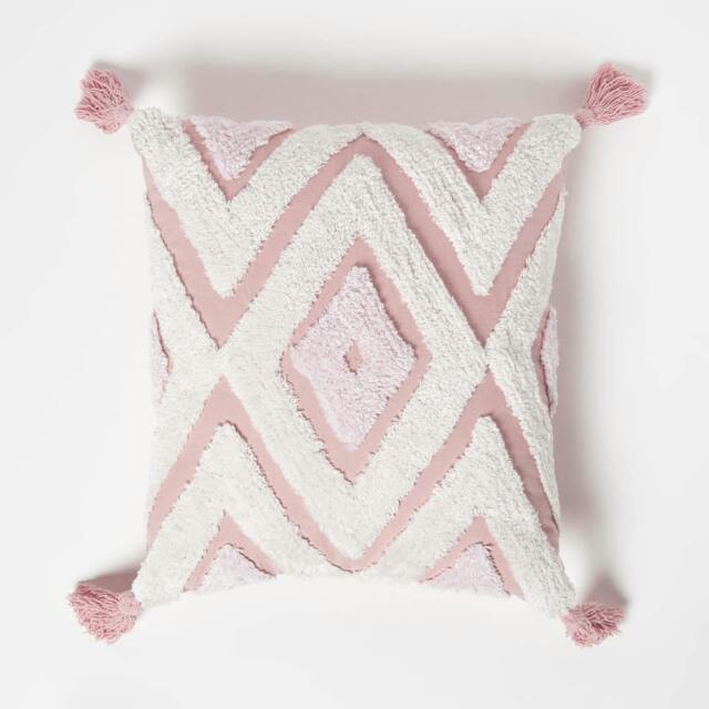 Homescapes Geometric Ikat White & Pink Tufted Cotton Cushion with Tassels - 45 x 45 cm Pink Pink, White 1