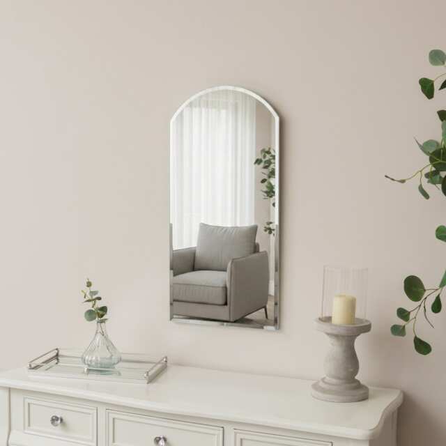 Slim Arched Frameless Bevelled Wall Mirror - 35cm X 71cm