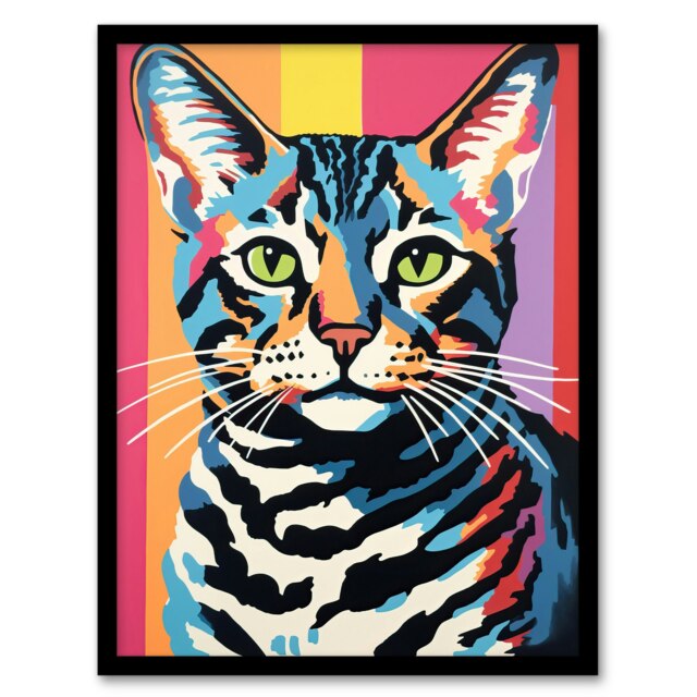 Retro Cat Striped Bold Vibrant Screen Home Decor Black Framed Wall Art Print A4
