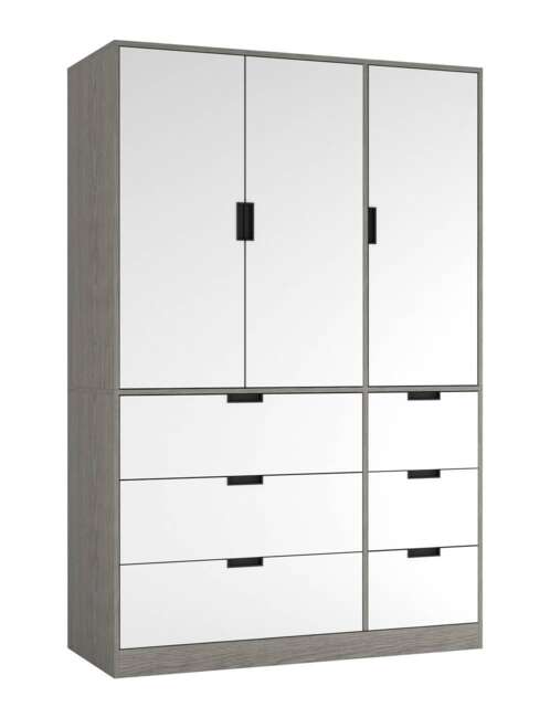 RIGA 3 Door 6 Drawer Wardrobe Grey Cedar Grey & White 10 x 44.5 x 79 1