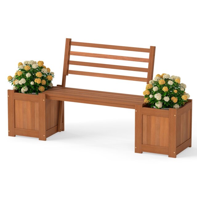 COSTWAY Wood Outdoor Planter Box w/ Bench