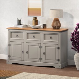 Mercers Furniture Corona Grey Painted Wax 3 Door 3 Drawer Sideboard Cabinet Solid Wood Mexican Pine Wooden Dresser