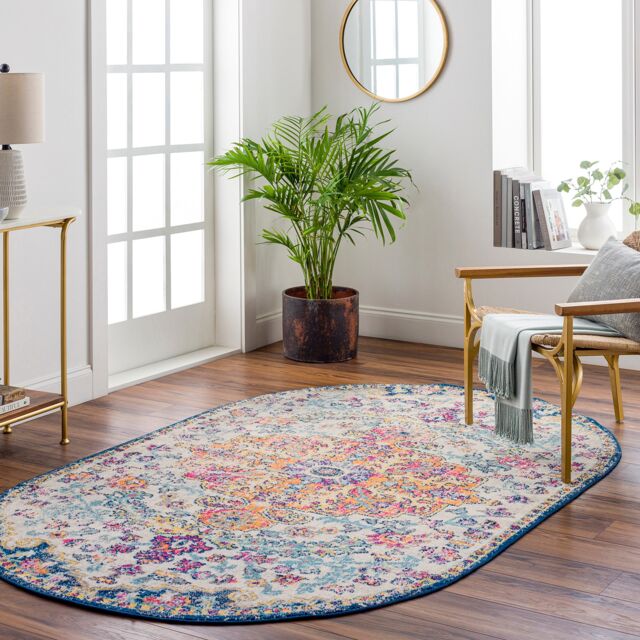 LIVABLISS Harput-Vintage Traditional Boho Oval Rug 95 x 150 cm Blue Orange Yellow Grey