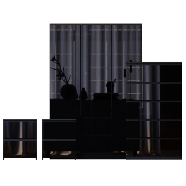 Vida Designs Glinton 4 Piece FSC Certified Bedroom Set (2 Drawer Bedside Chest x2, 5 Drawer Chest, 3 Door 2 Drawer Wardrobe), Black Black Black L 4
