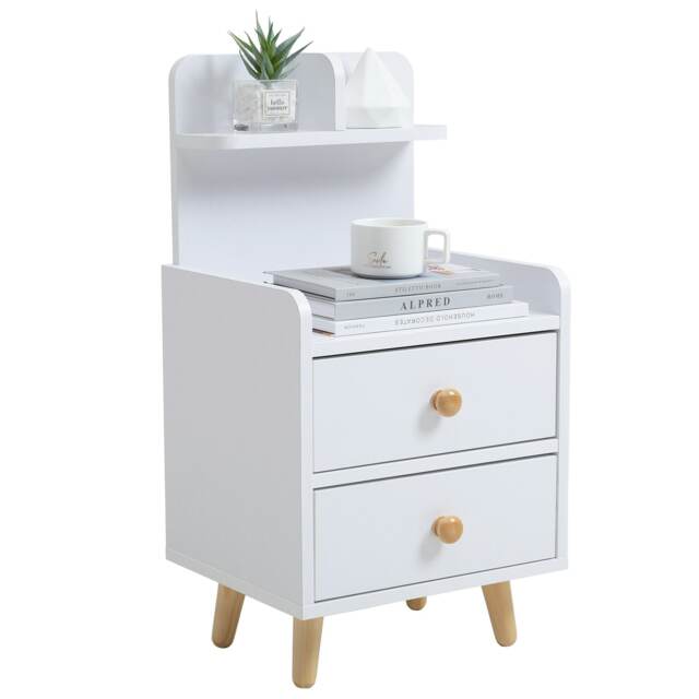 Living and Home Wooden 2-Drawer Bedside Table with a Shelf and Legs - White